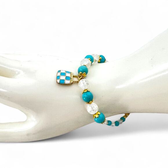 Sparkling Crystal & Stone Bracelet Handbag Charm Aqua & White 7.25'' Glam - Picture 2 of 5